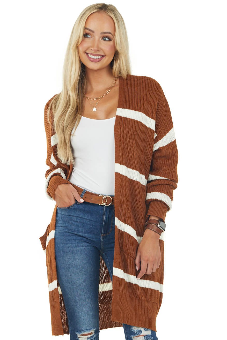 Spice and Eggshell Striped Loose Knit Cardigan
