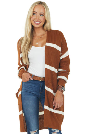 Spice and Eggshell Striped Loose Knit Cardigan