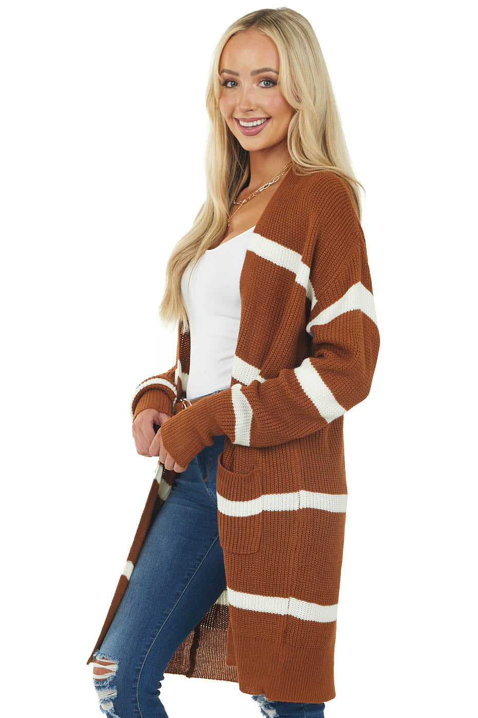 Spice and Eggshell Striped Loose Knit Cardigan