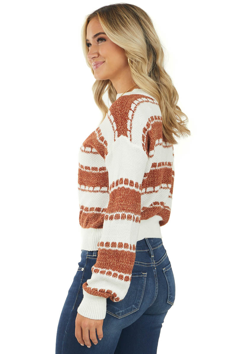 Spice and Off White Stripe Patterned Knit Sweater
