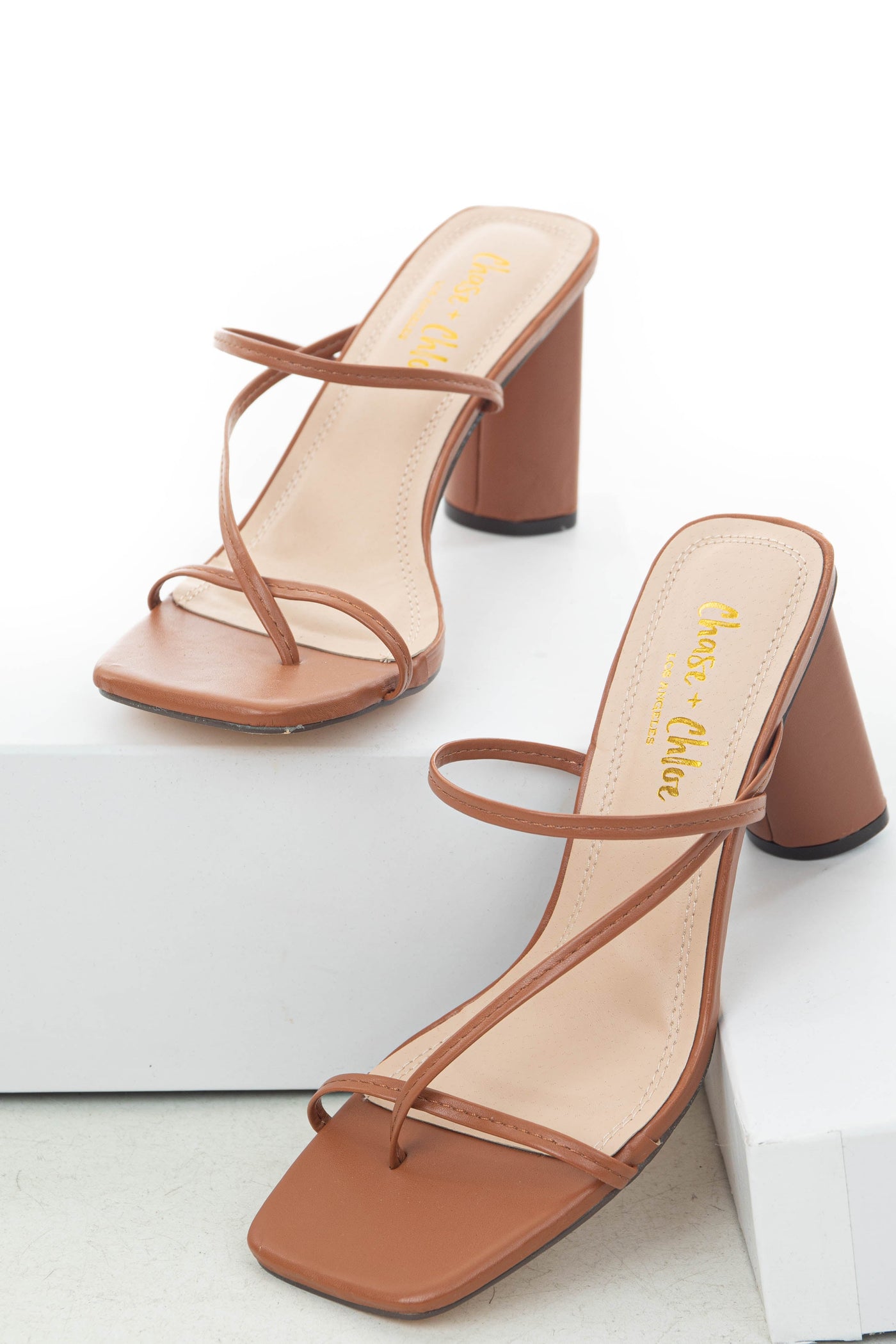 Spice Brown Square Toe Dainty Strap Heels