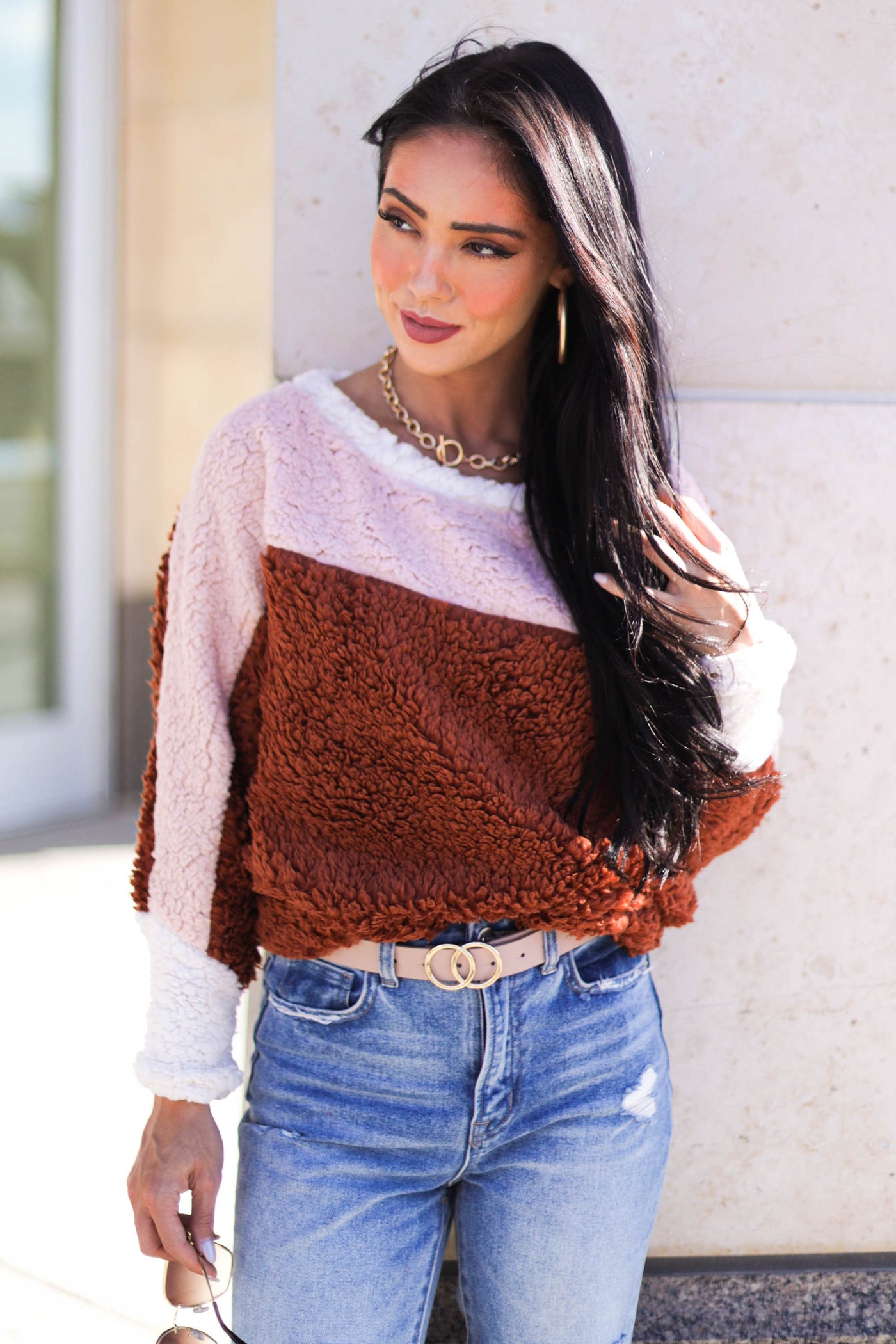 Spice Colorblock Dolman Sleeve Sherpa Pullover