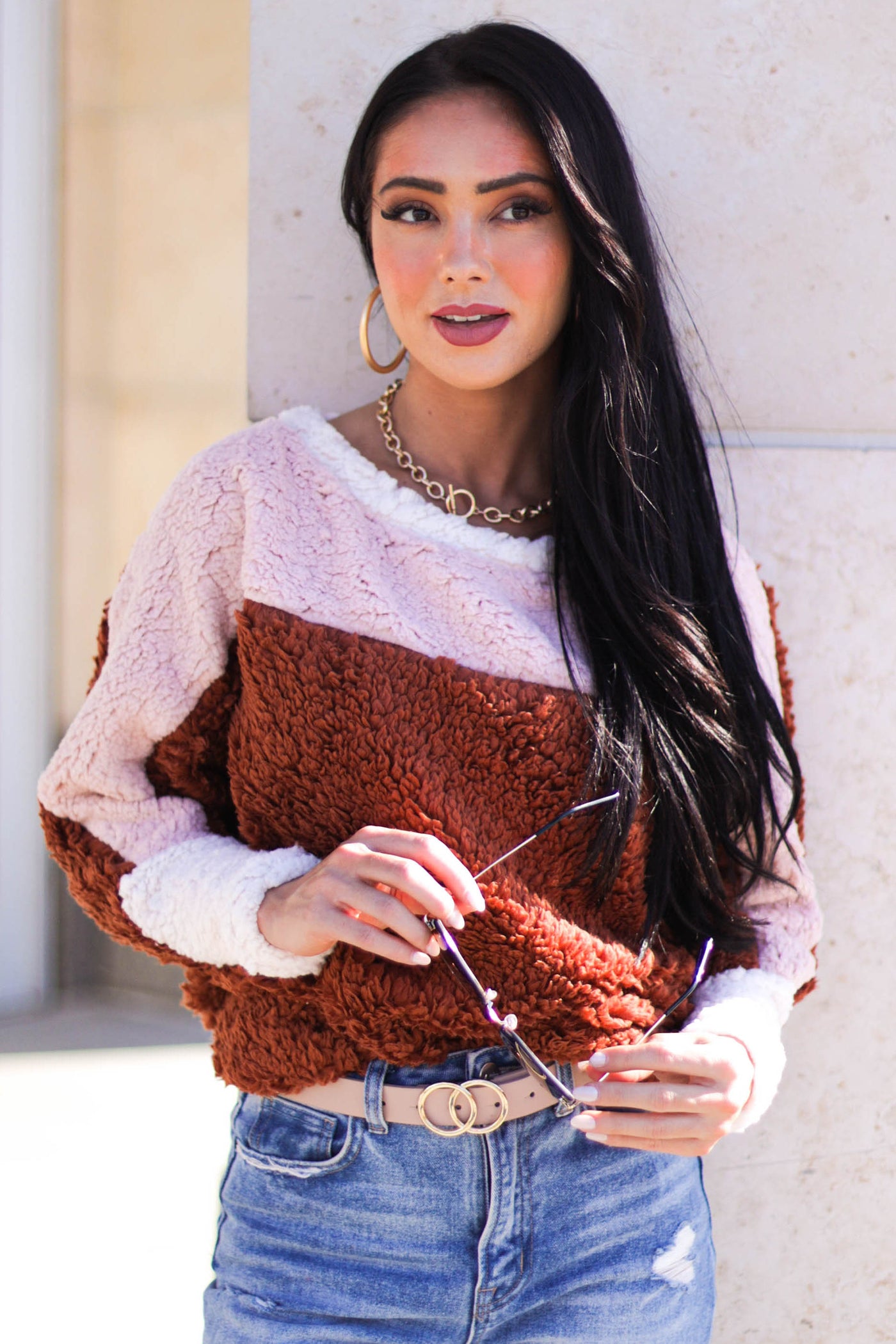 Spice Colorblock Dolman Sleeve Sherpa Pullover