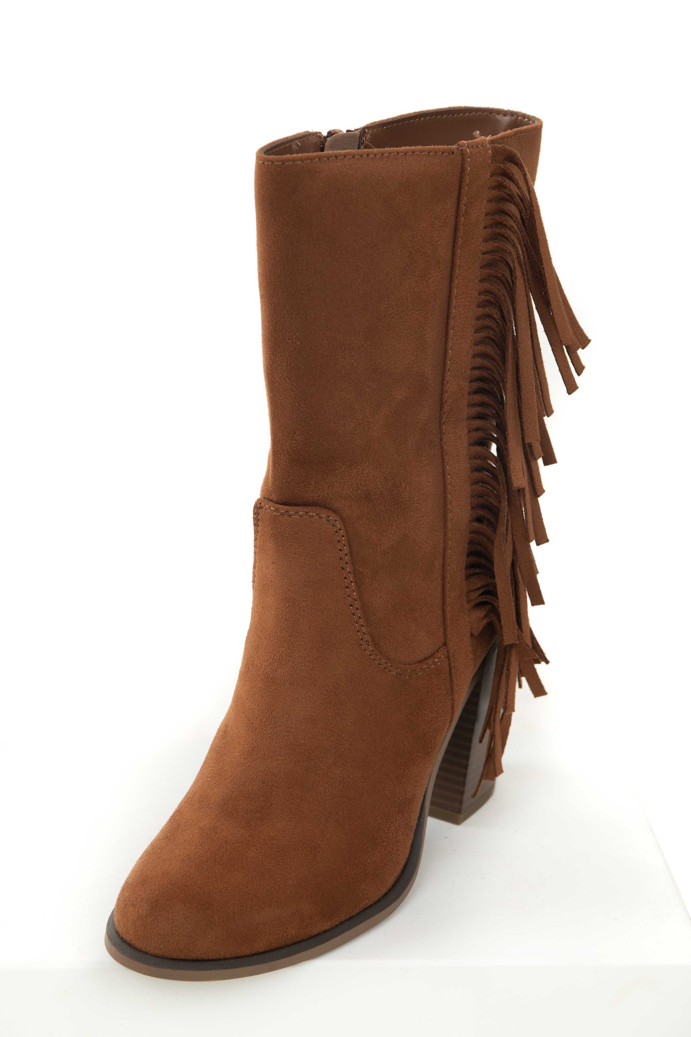 Spice Faux Suede Fringe High Heel Calf Boots