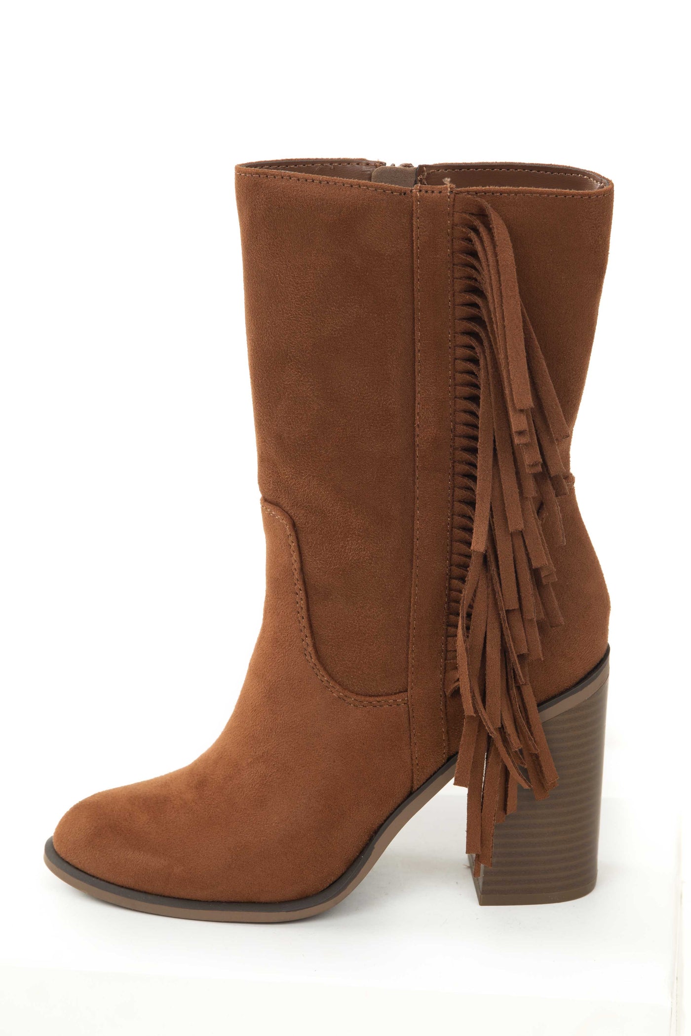 Spice Faux Suede Fringe High Heel Calf Boots