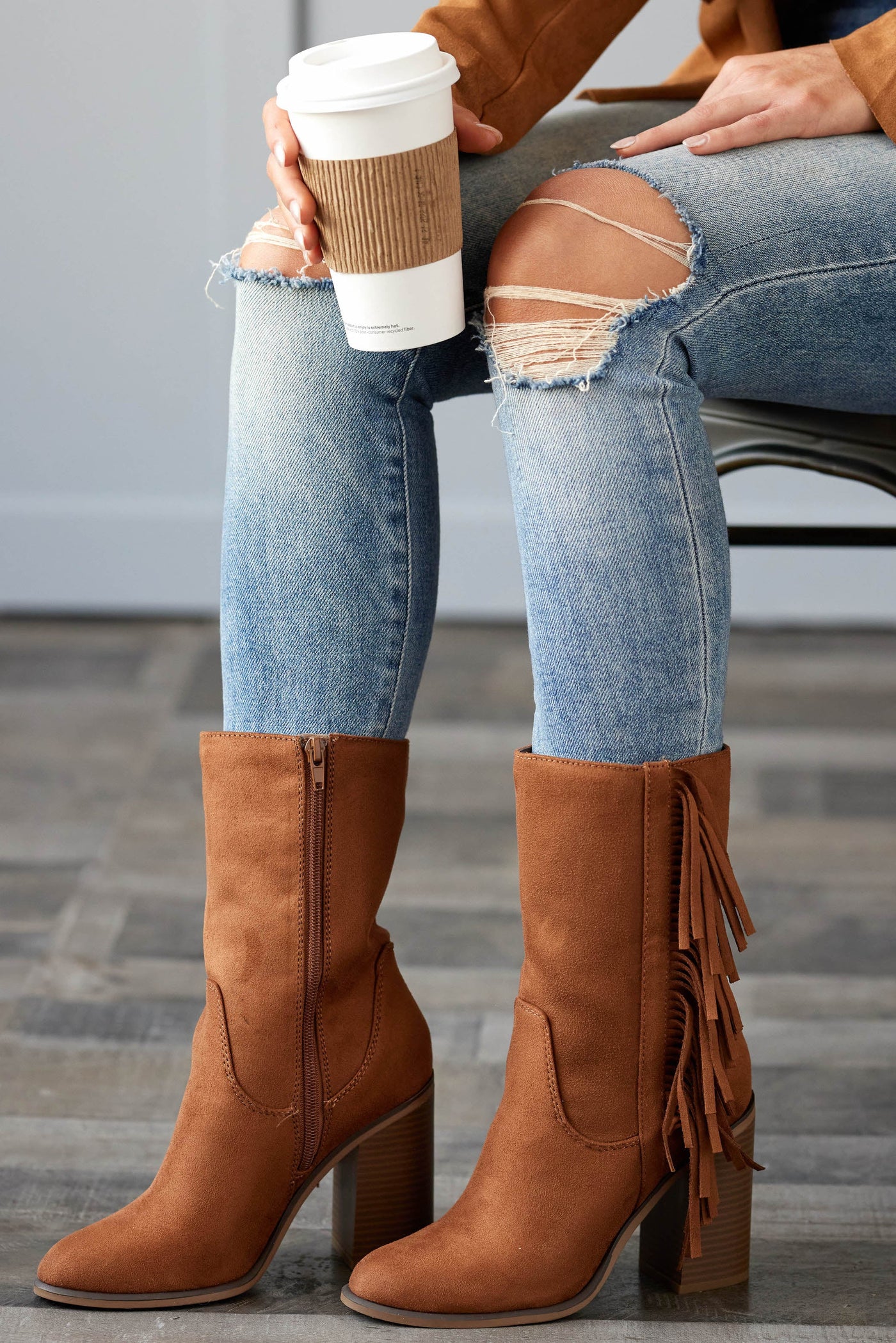 Spice Faux Suede Fringe High Heel Calf Boots