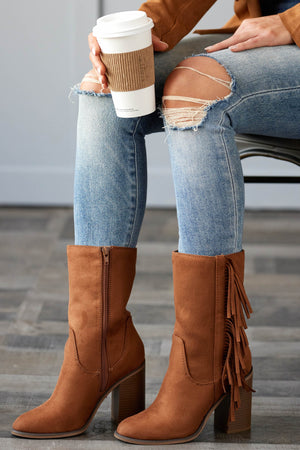Spice Faux Suede Fringe High Heel Calf Boots