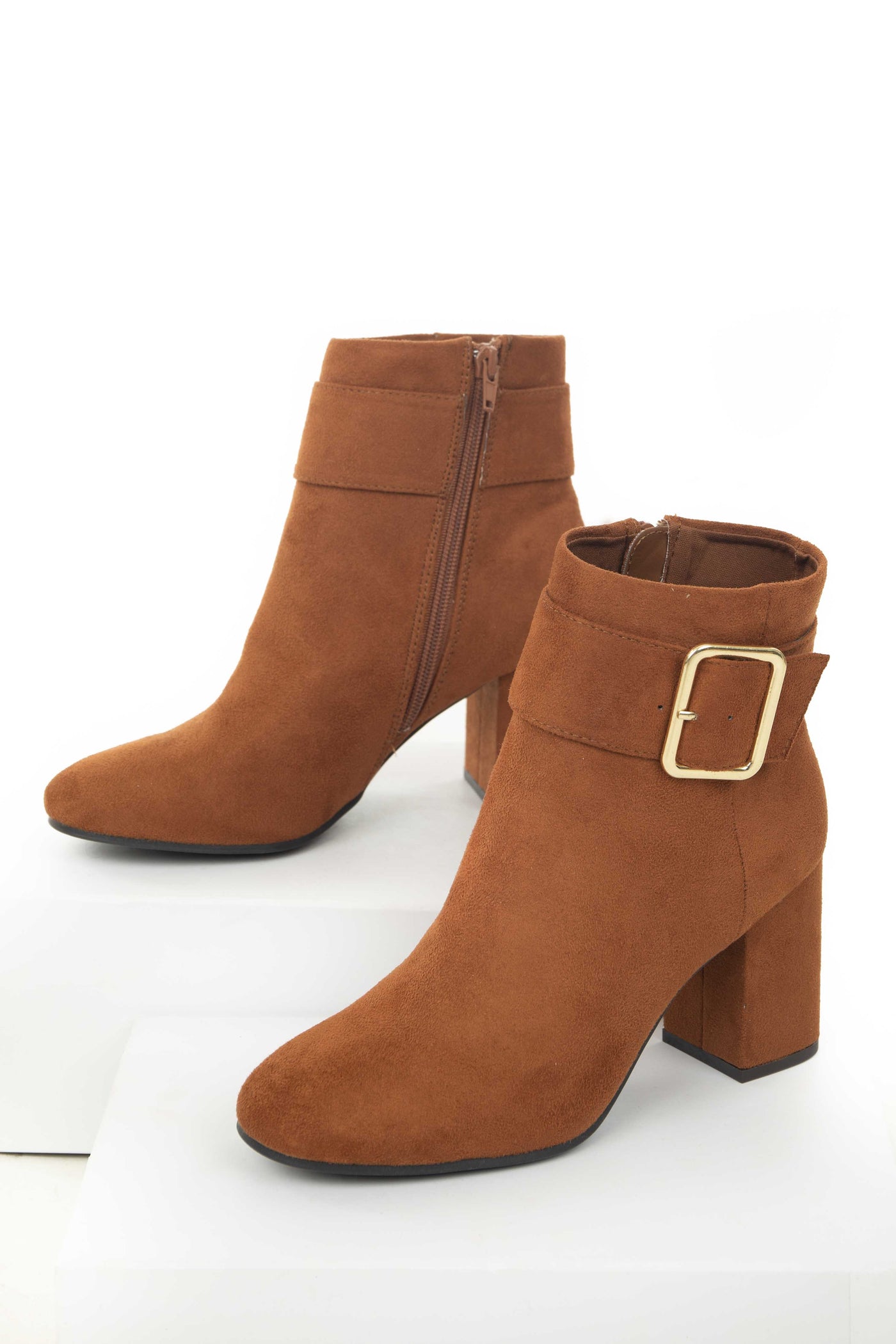 Spice Faux Suede Large Buckle Block Heel Booties