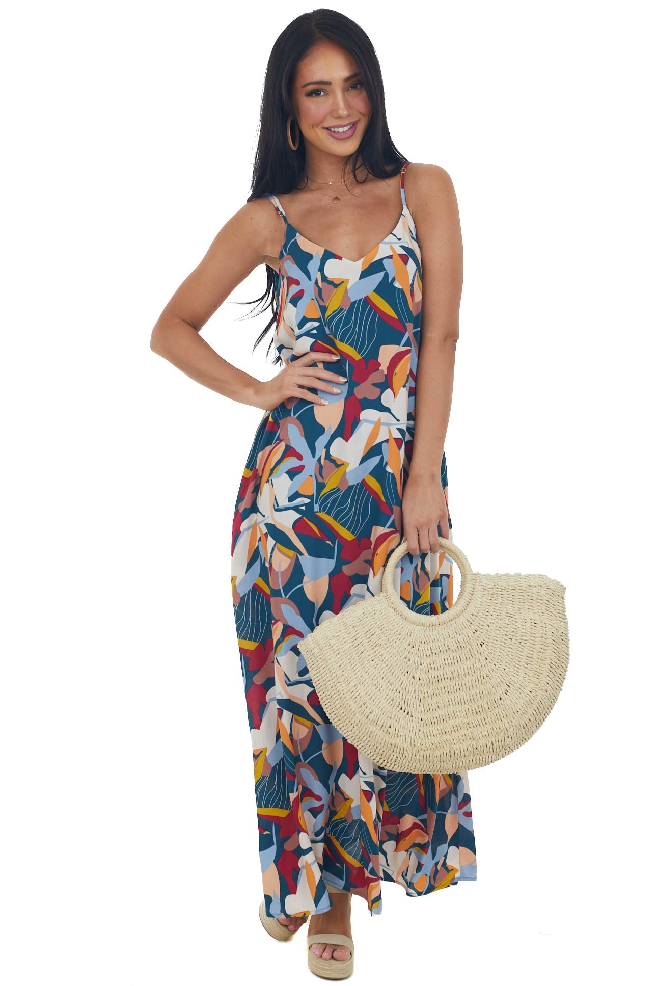 Spruce Printed Sleeveless V Neck Maxi Dress