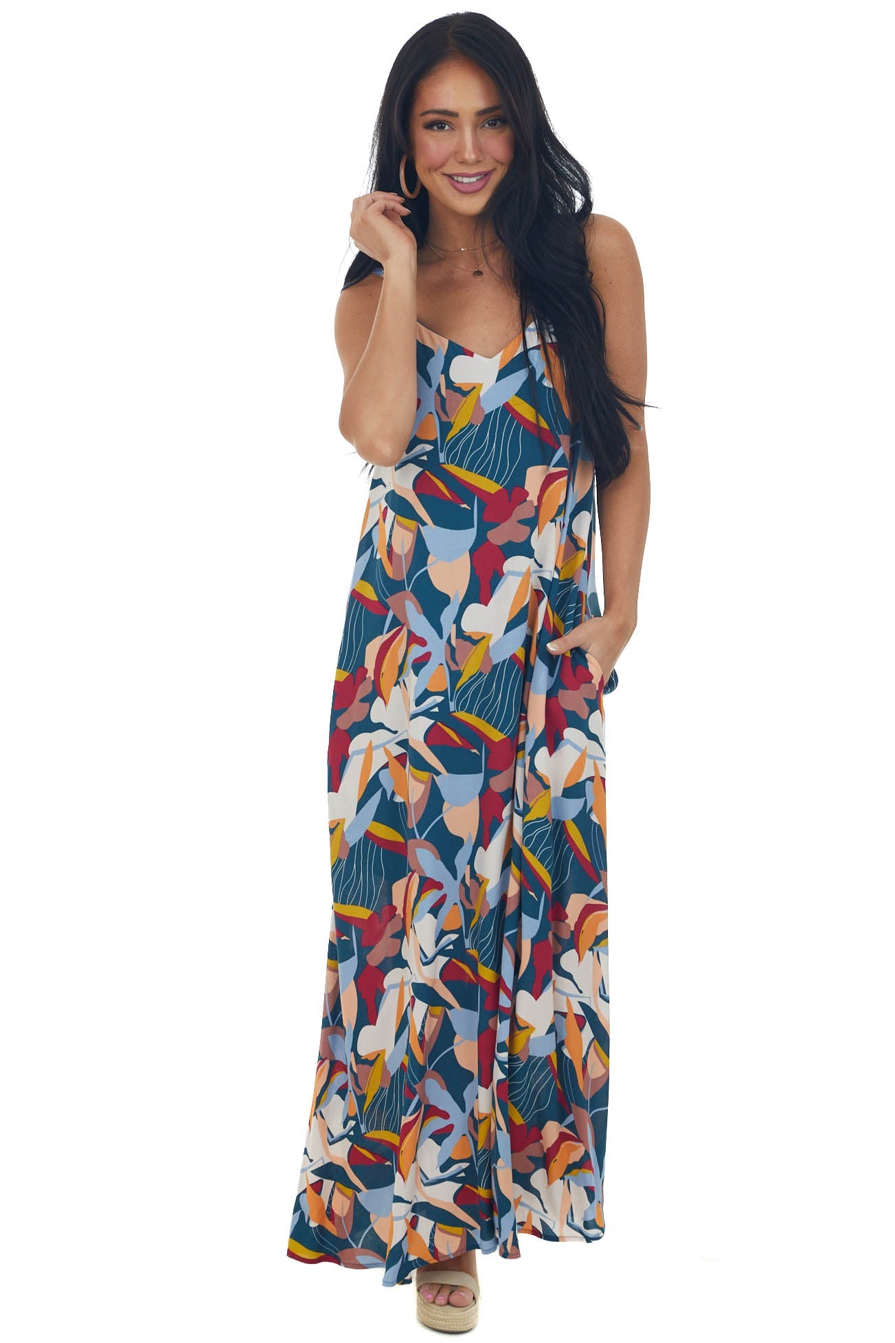 Spruce Printed Sleeveless V Neck Maxi Dress