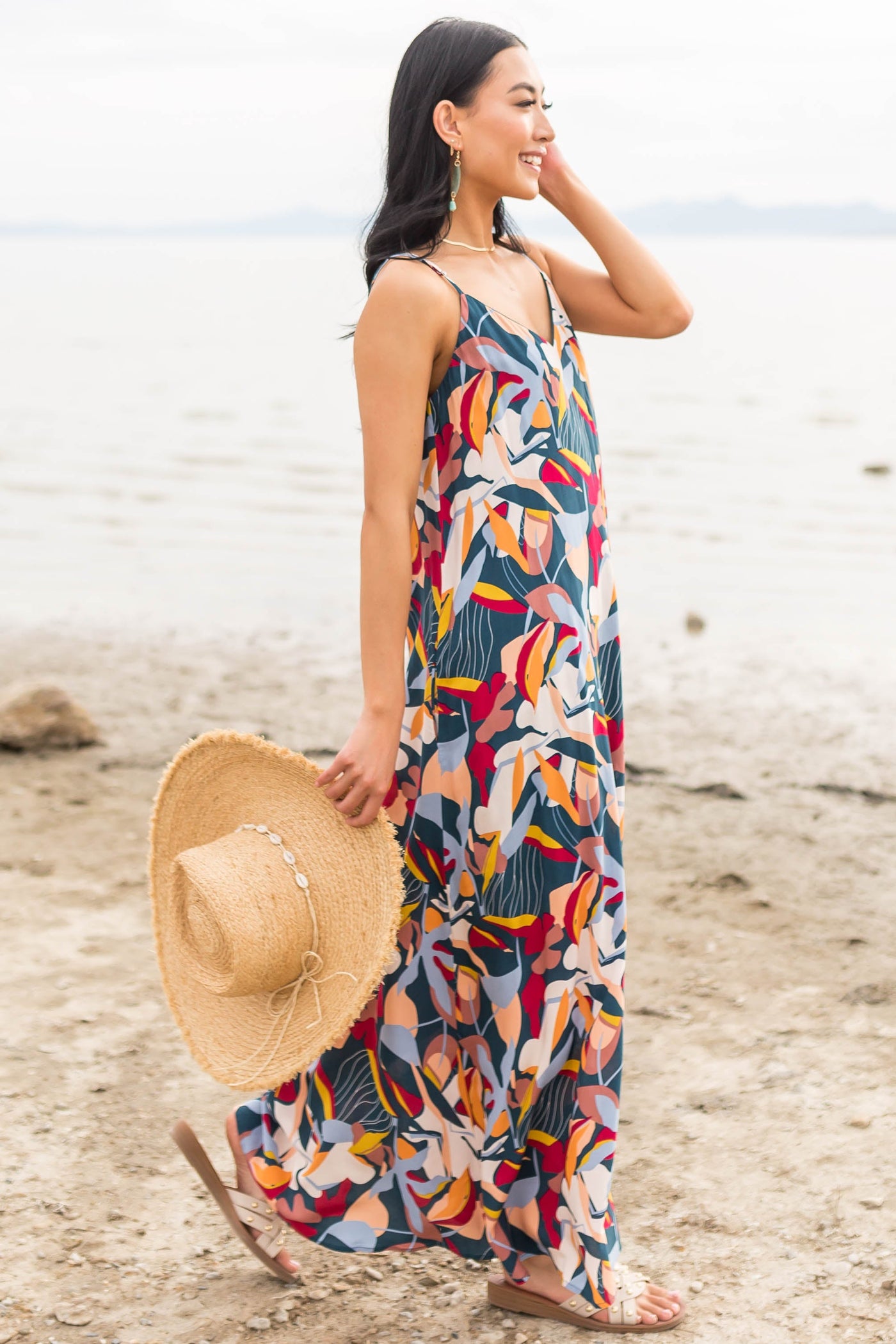 Spruce Printed Sleeveless V Neck Maxi Dress