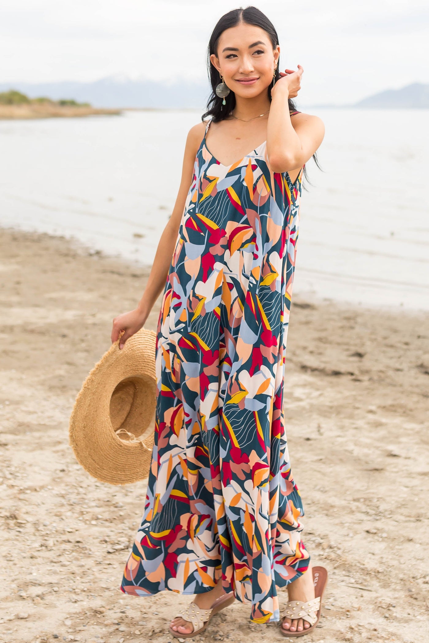 Spruce Printed Sleeveless V Neck Maxi Dress