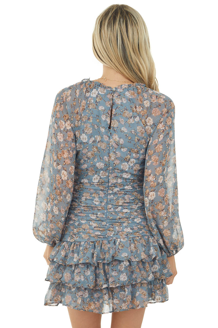 Steel Blue Floral Bubble Sleeve Ruffle Dress