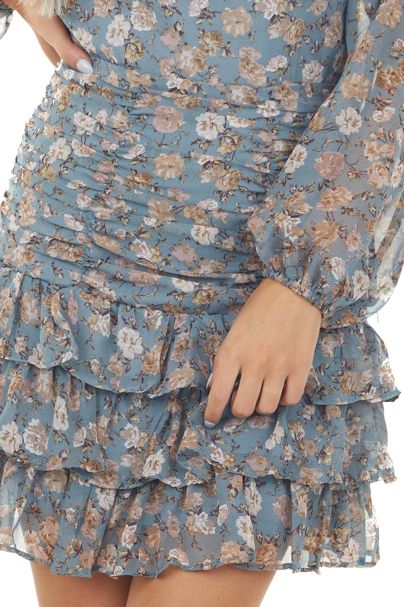 Steel Blue Floral Bubble Sleeve Ruffle Dress