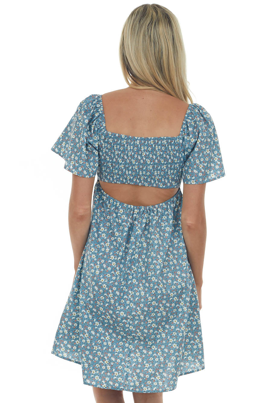 Steel Blue Floral Front Tie Cut Out Mini Dress
