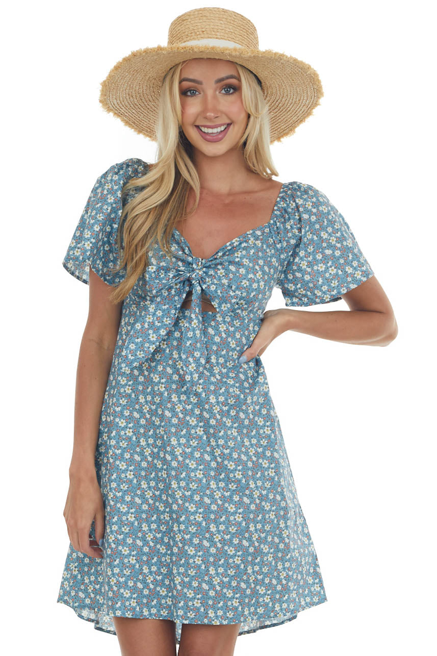 Steel Blue Floral Front Tie Cut Out Mini Dress