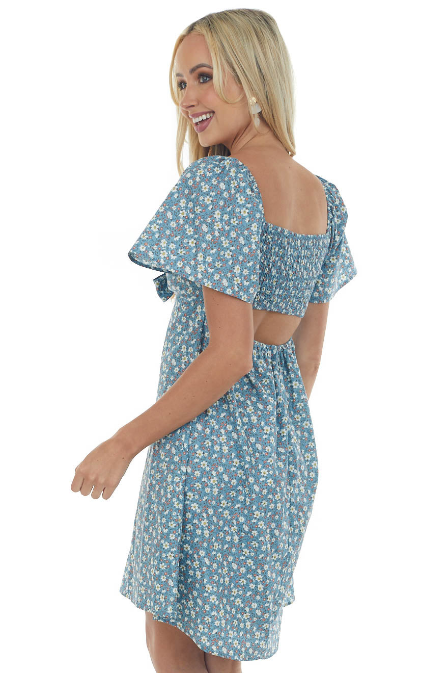 Steel Blue Floral Front Tie Cut Out Mini Dress
