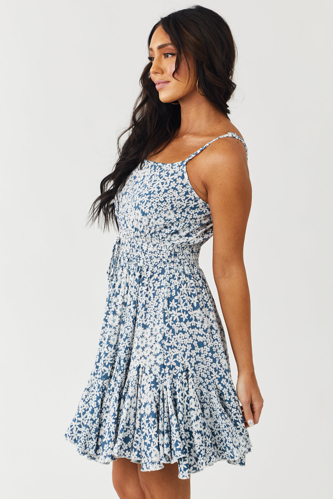 Steel Blue Floral Print Flounce Hem Mini Dress