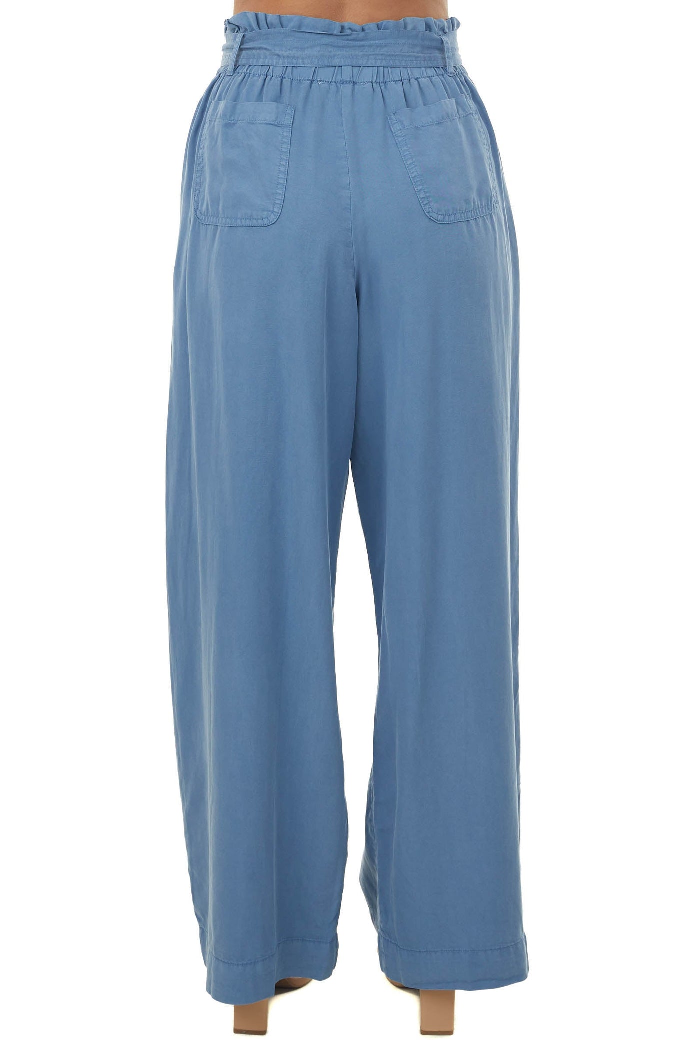 Steel Blue High Rise Paper Bag Waist Tie Pants