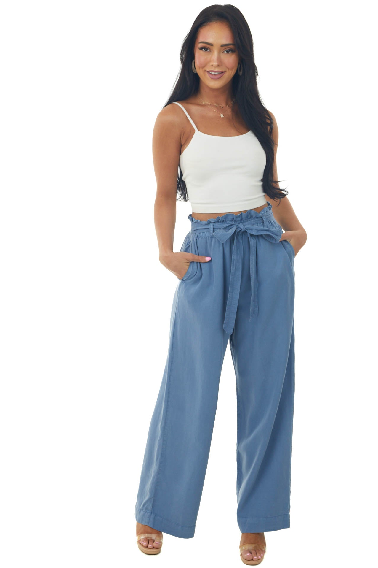 Steel Blue High Rise Paper Bag Waist Tie Pants