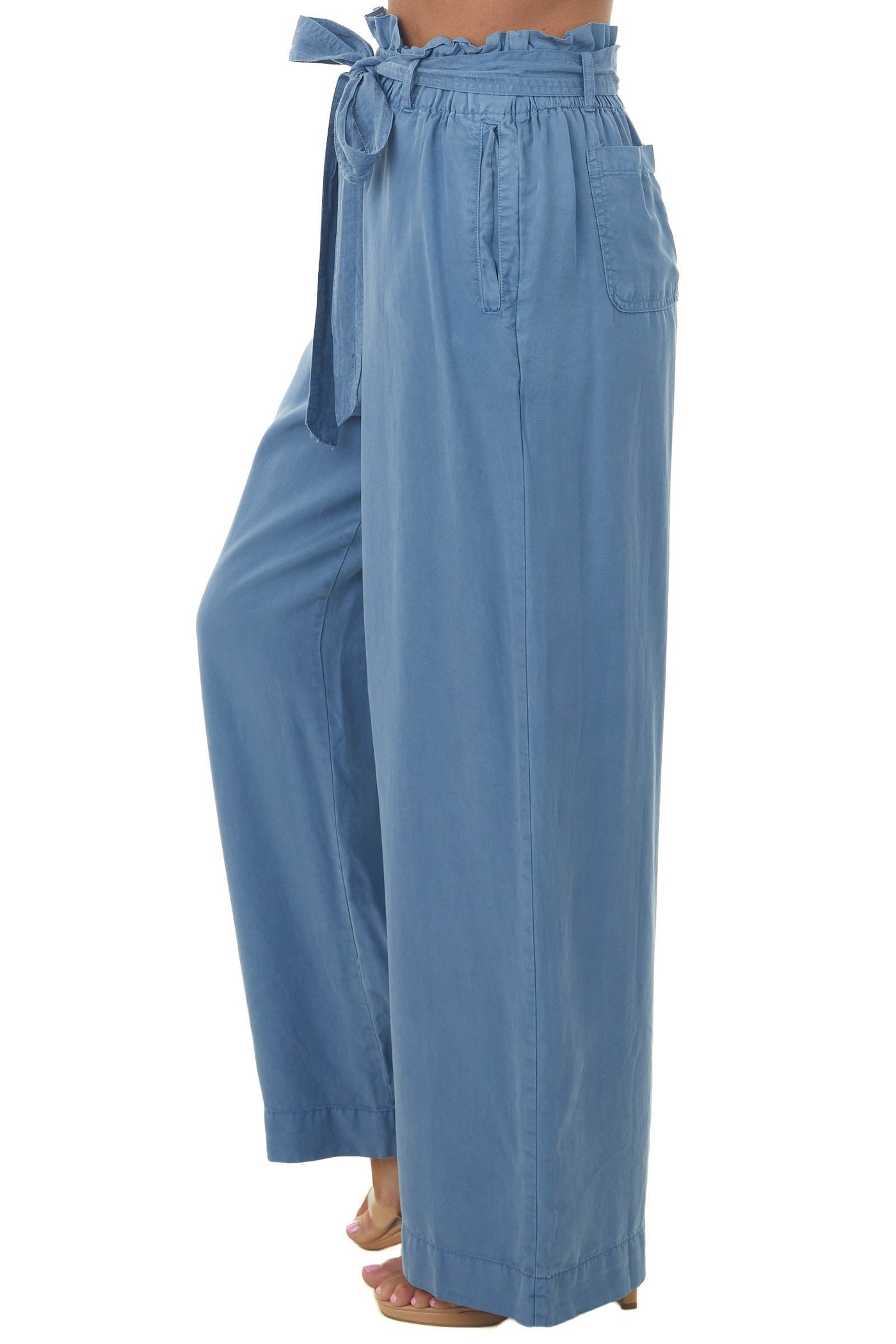 Steel Blue High Rise Paper Bag Waist Tie Pants