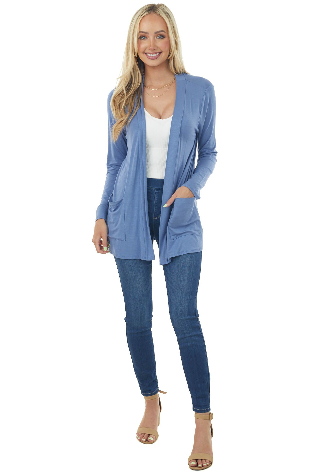 Steel Blue Open Front Cardigan with Side Pockets