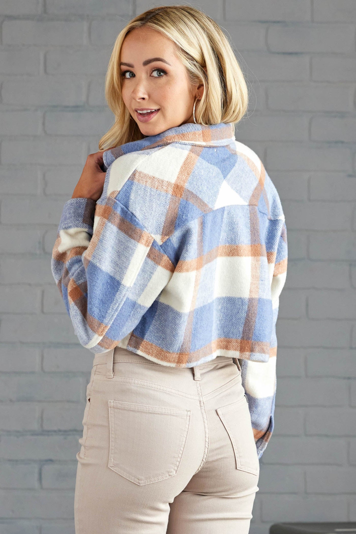 Steel Blue Plaid Button Up Long Sleeve Crop Jacket