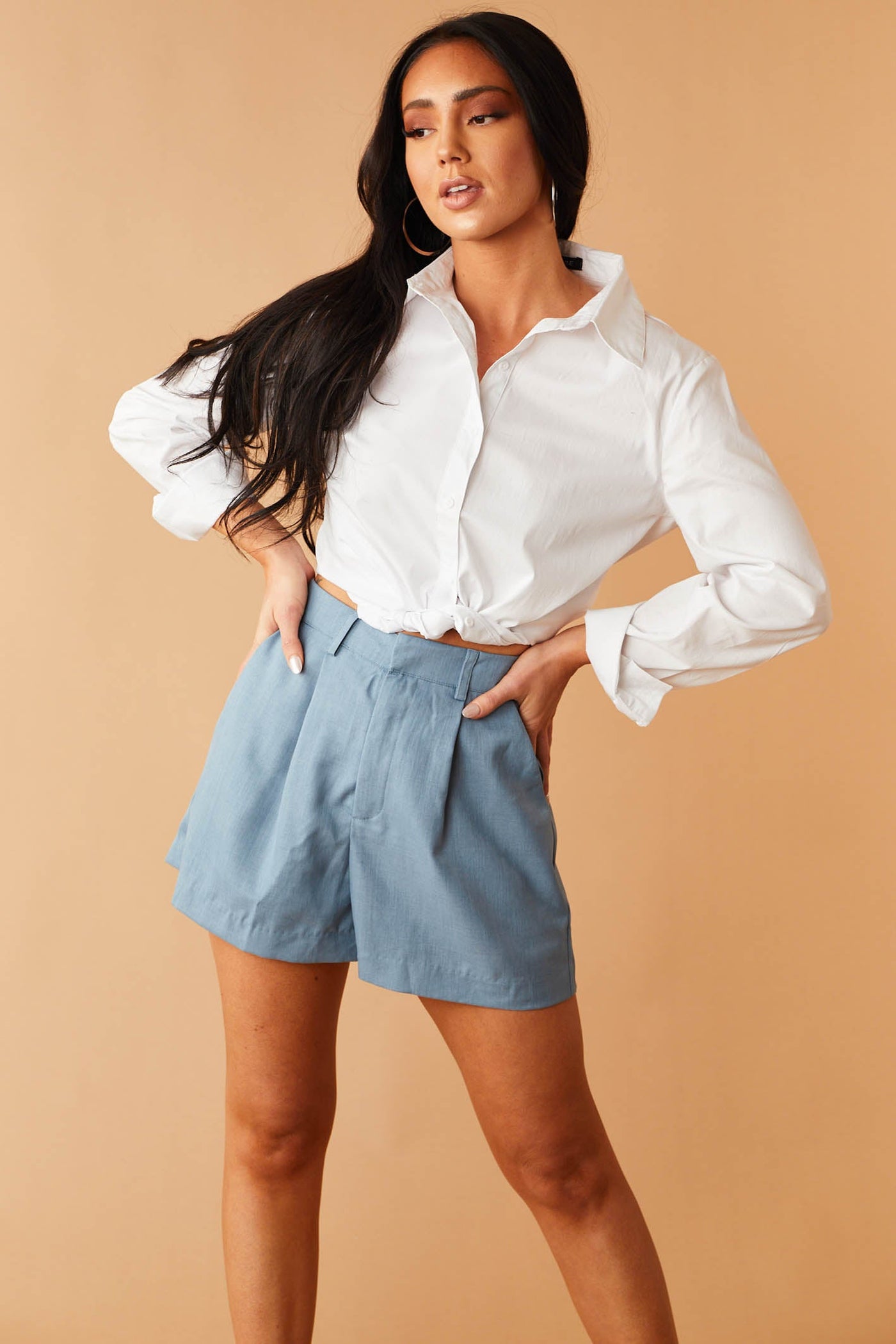 Steel Blue Pleated Elastic Waist Shorts