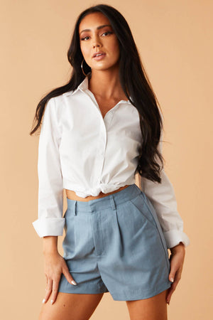 Steel Blue Pleated Elastic Waist Shorts