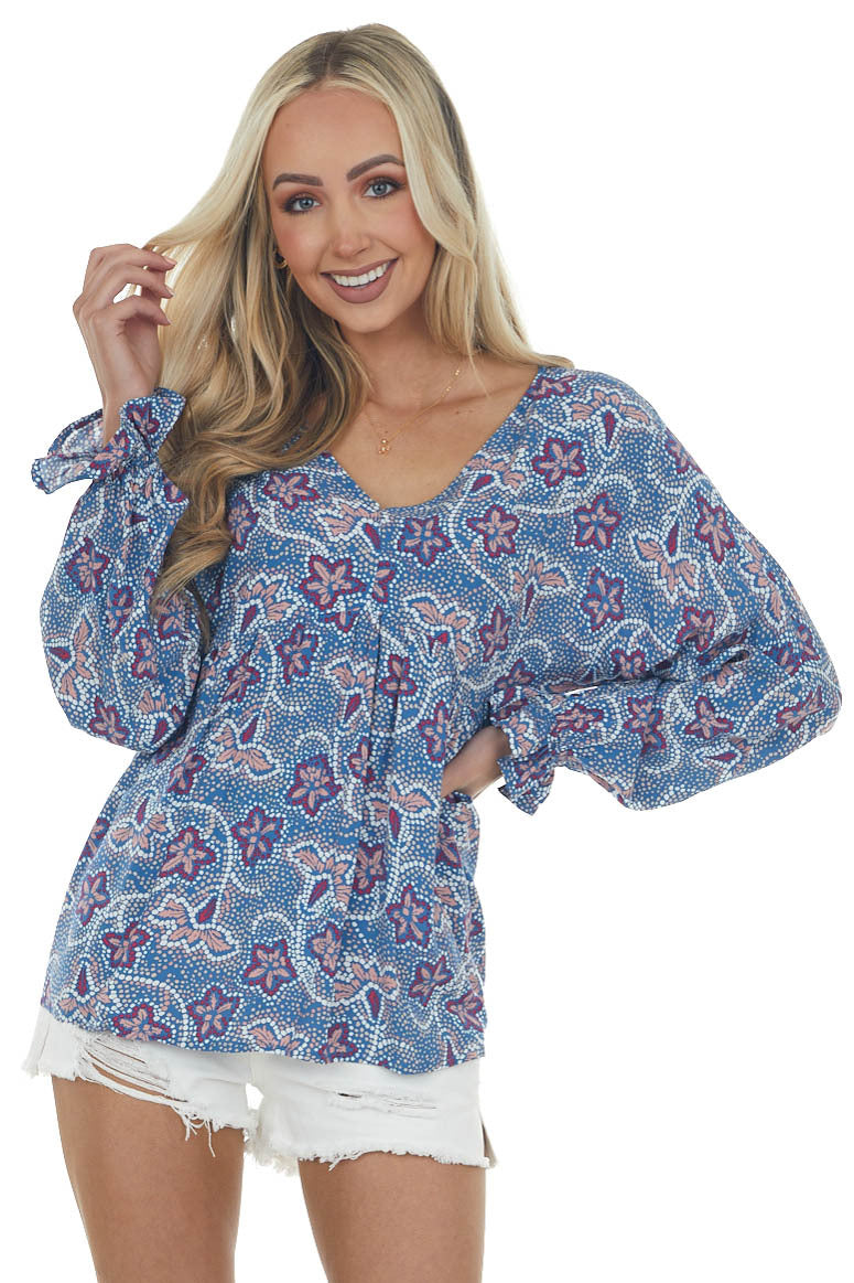 Steel Blue Printed Puff Sleeve Babydoll Blouse