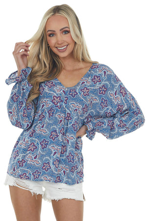Steel Blue Printed Puff Sleeve Babydoll Blouse