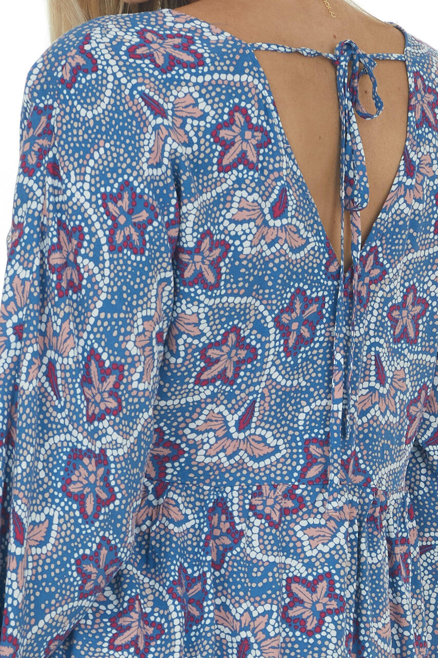 Steel Blue Printed Puff Sleeve Babydoll Blouse