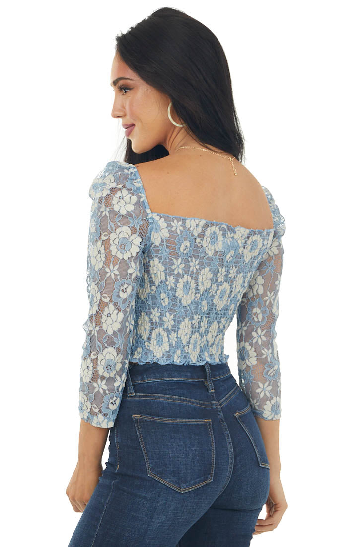 Steel Blue Smocked Floral Lace 3/4 Sleeve Crop Top