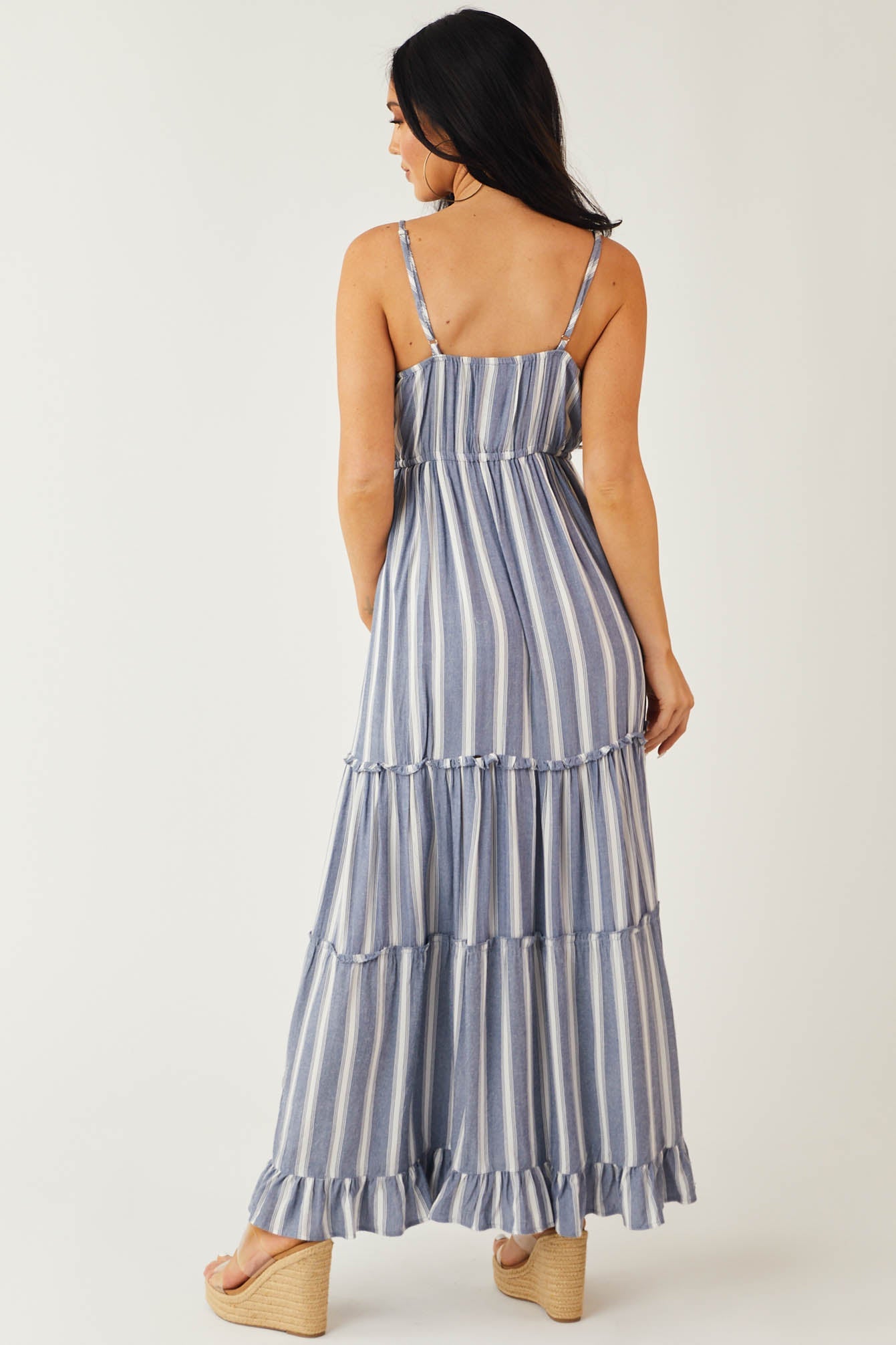 Steel Blue Striped Tiered Surplice Maxi Dress