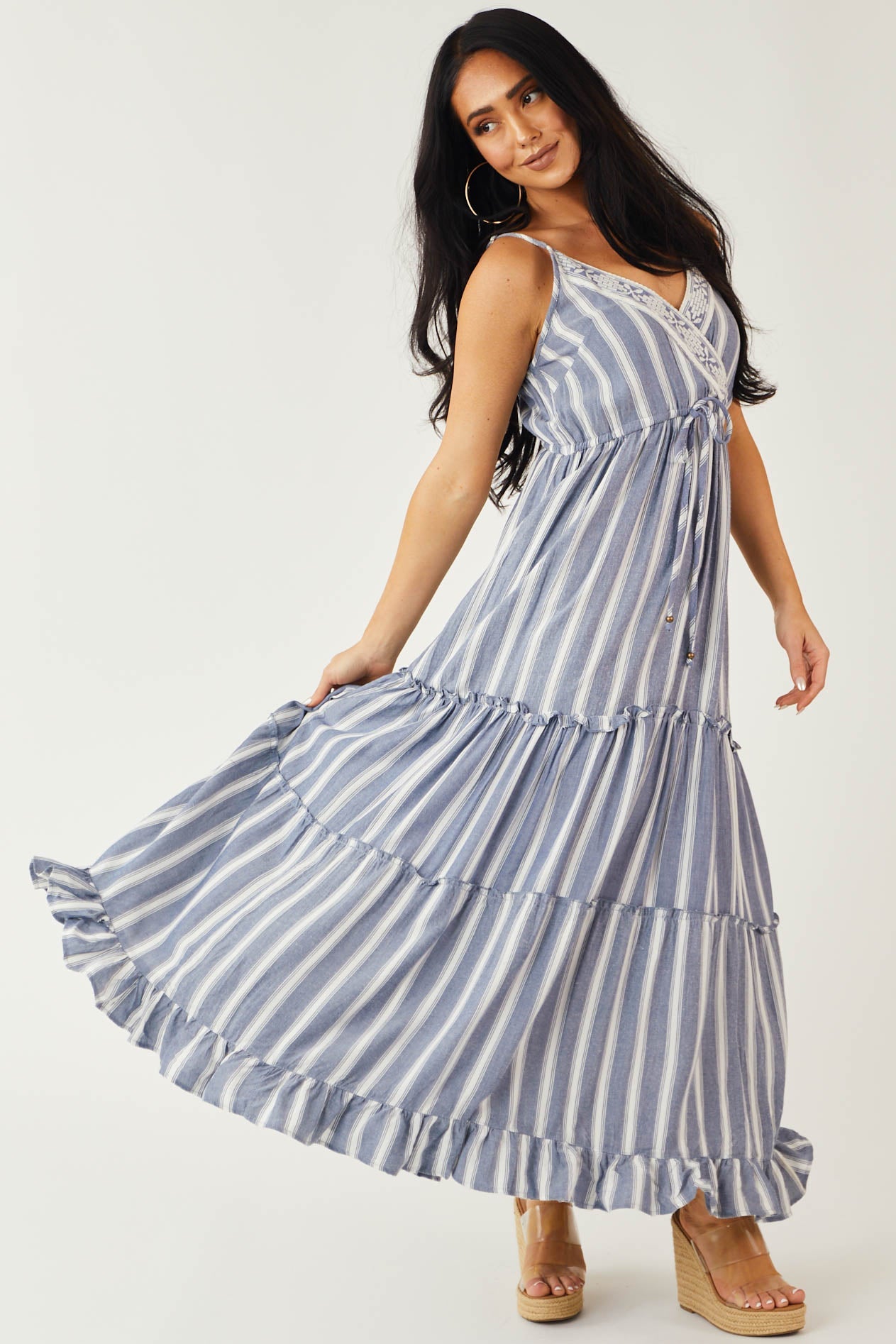 Steel Blue Striped Tiered Surplice Maxi Dress