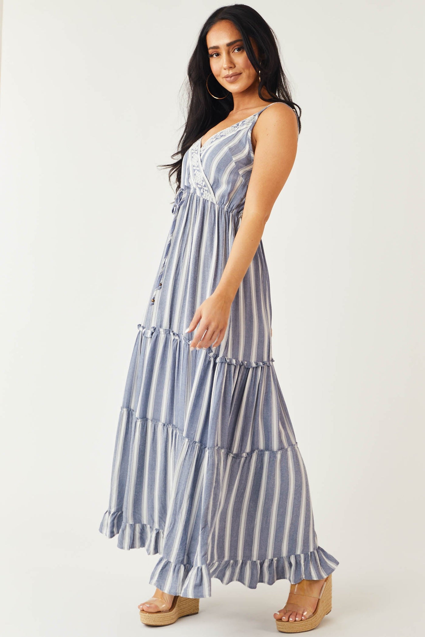 Steel Blue Striped Tiered Surplice Maxi Dress