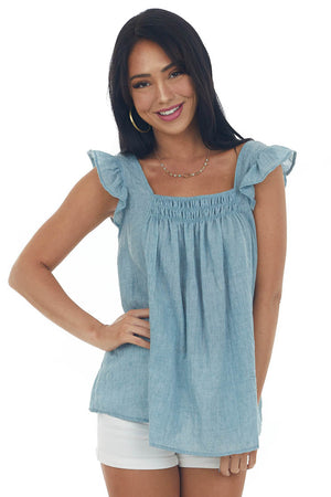 Steel Blue Textured Smocked Yoke Light Blouse