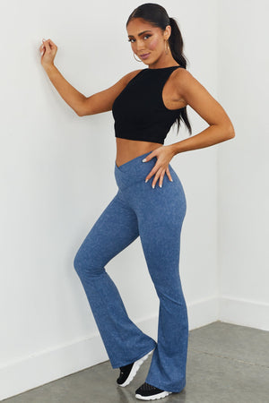 Steel Blue Watercolor Crossover Flare Leggings