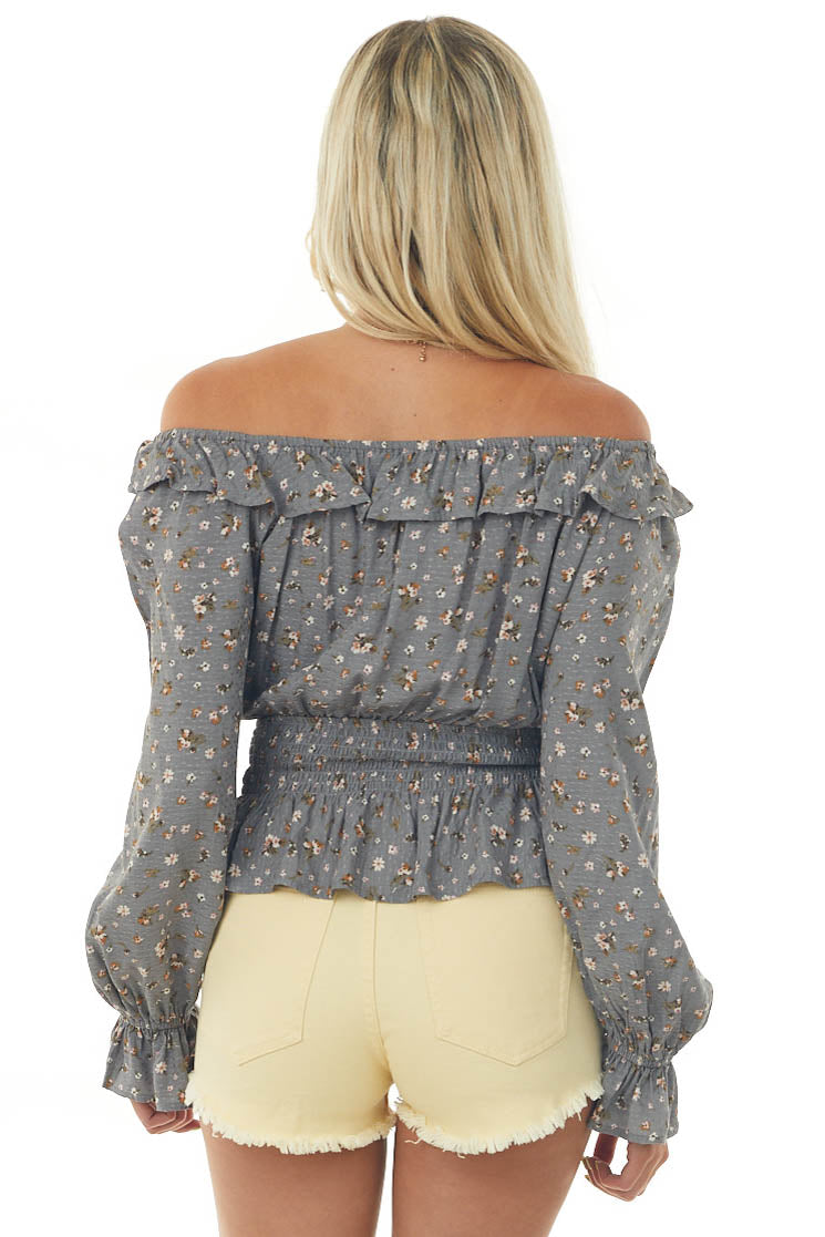 Steel Floral Off Shoulder Peplum Blouse