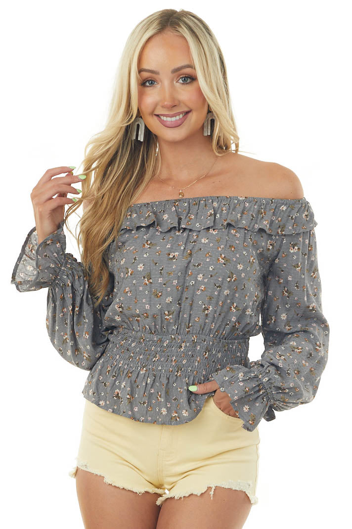 Steel Floral Off Shoulder Peplum Blouse