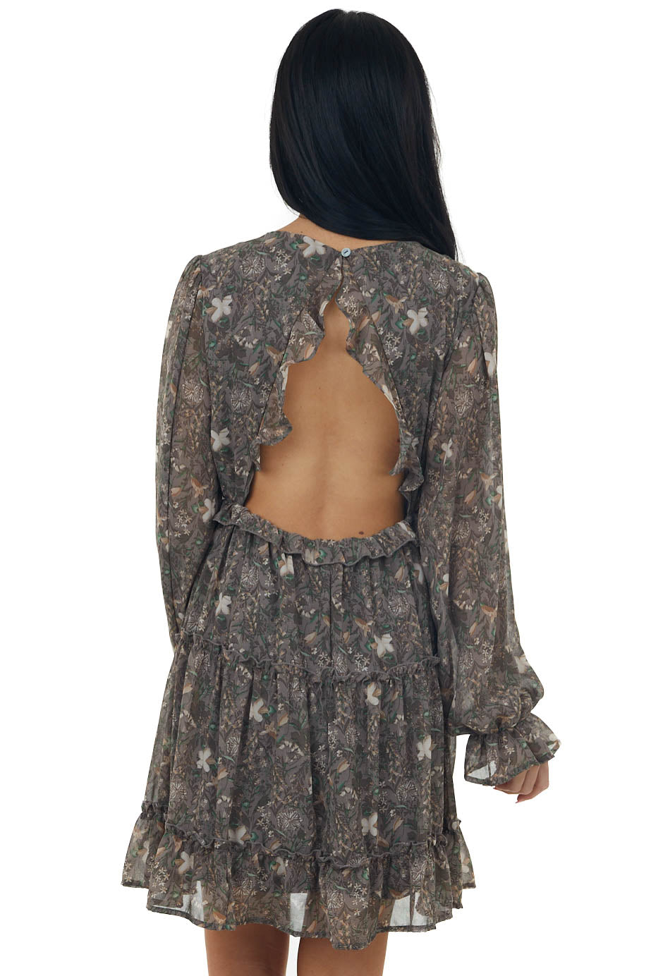 Steel Floral Print Mini Dress with Open Back