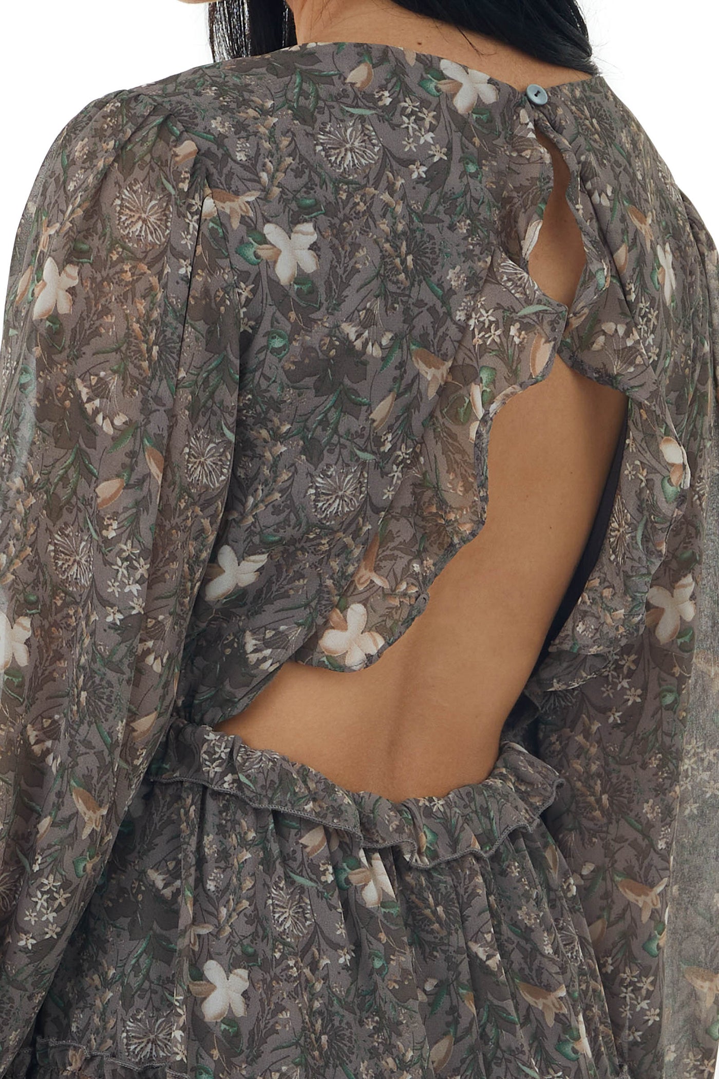 Steel Floral Print Mini Dress with Open Back