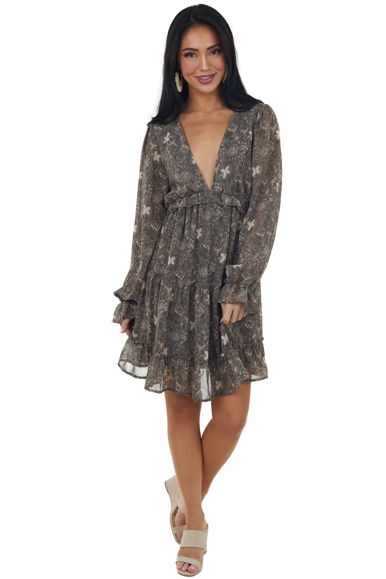 Steel Floral Print Mini Dress with Open Back