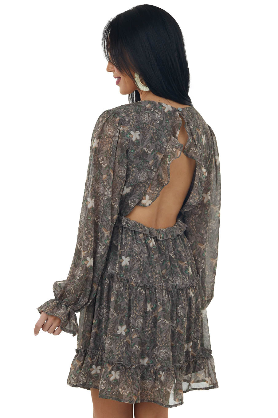 Steel Floral Print Mini Dress with Open Back