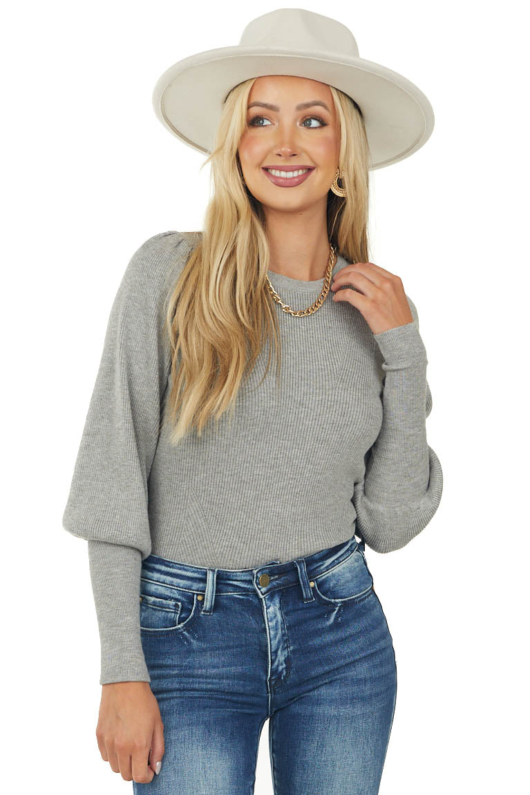 Steel Grey Long Puff Sleeve Ribbed Knit Top