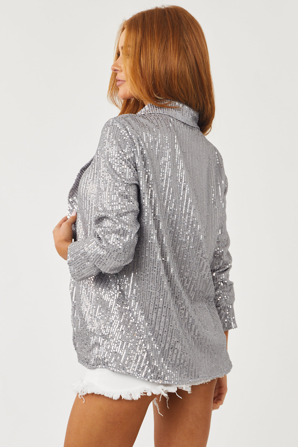 Steel Grey Sequined Collared Lightweight Blazer