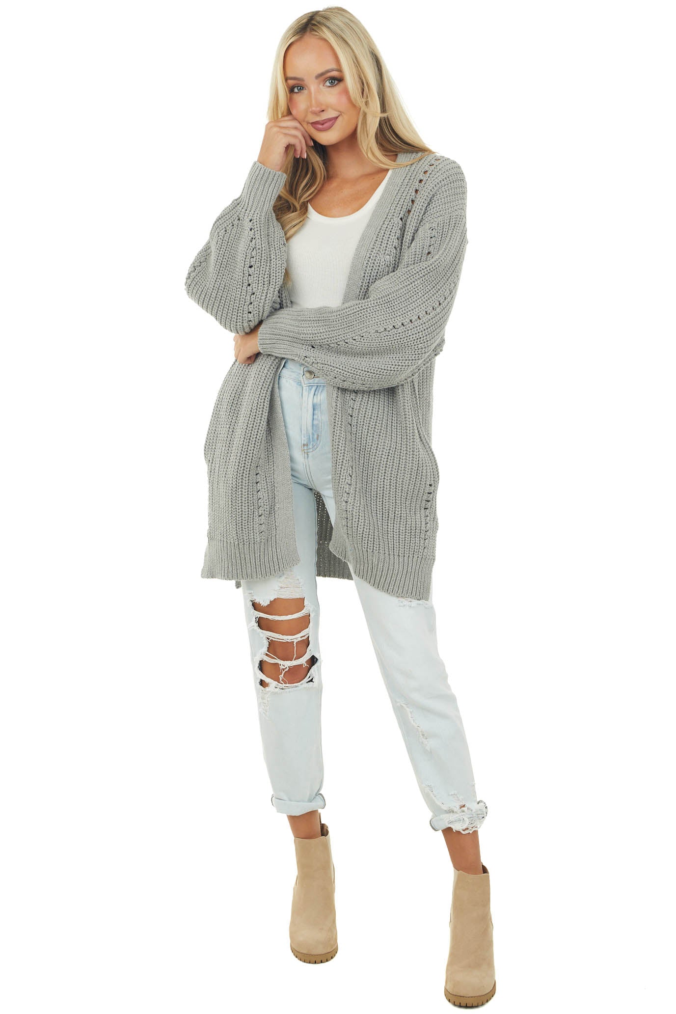 Steel Grey Side Pocket Pointelle Cardigan