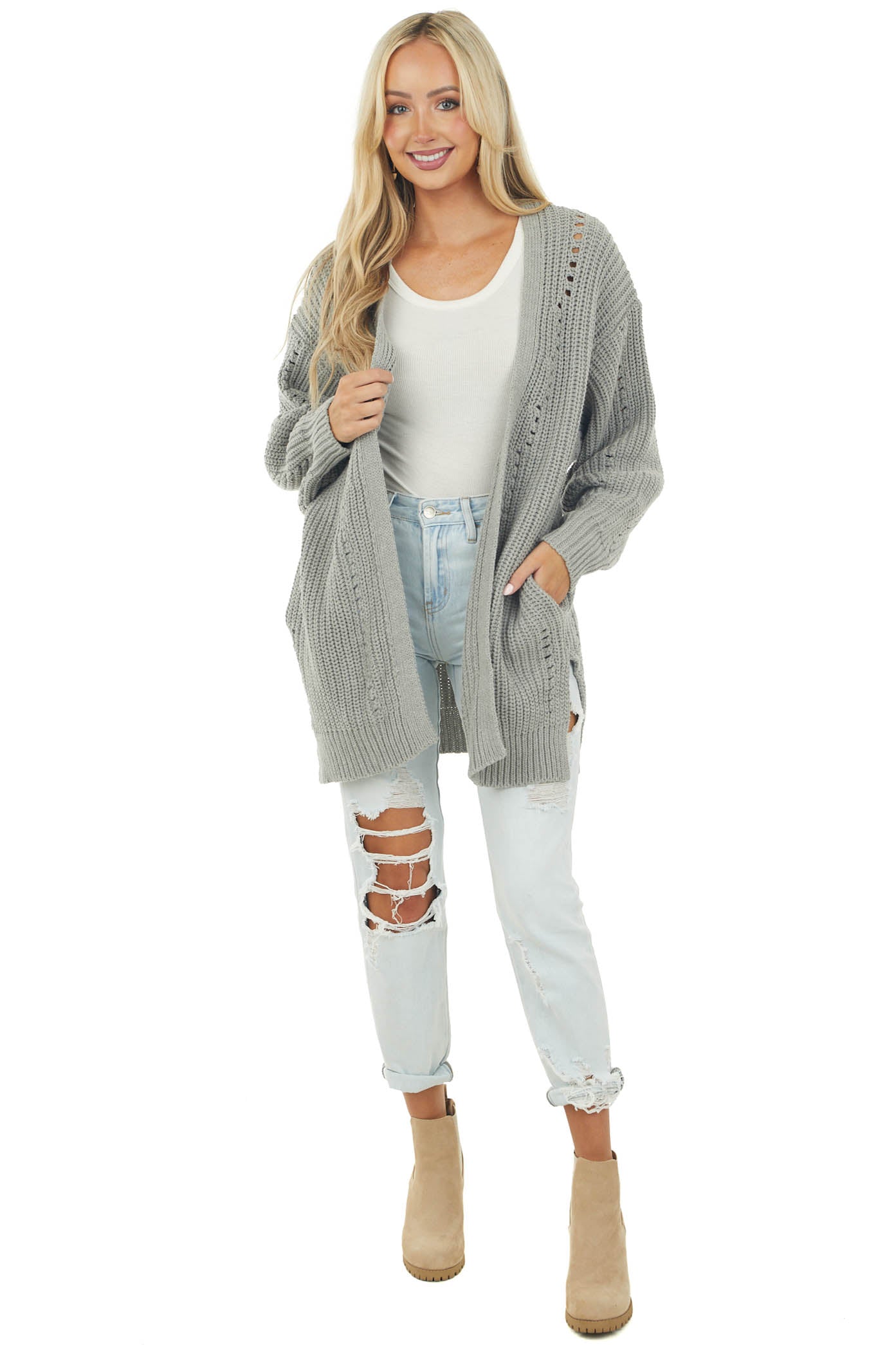 Steel Grey Side Pocket Pointelle Cardigan