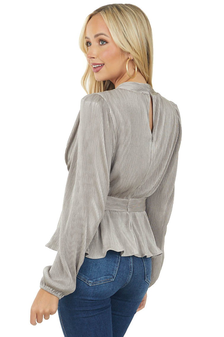 Steel Long Sleeve V Neckline Pleated Blouse