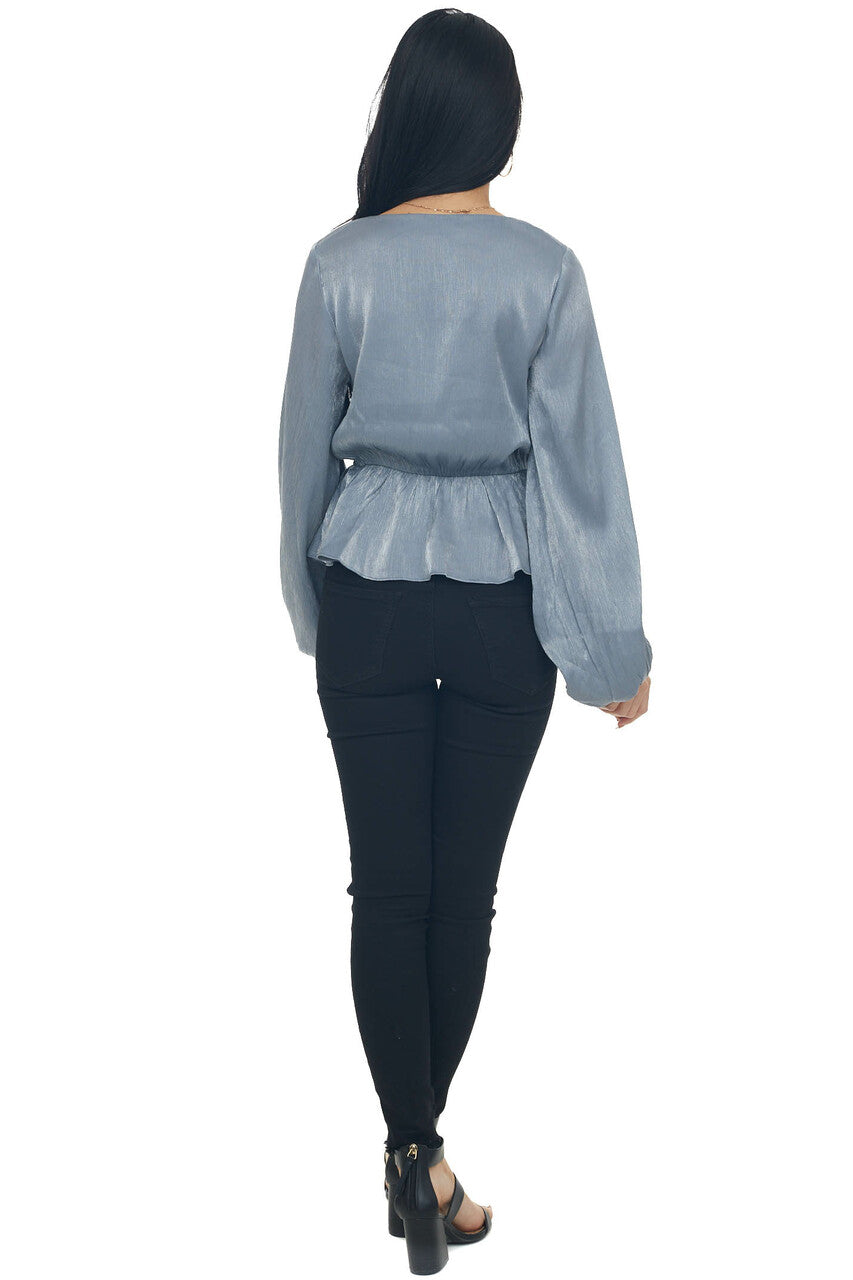 Steel Metallic Drop Waist Surplice Peplum Top